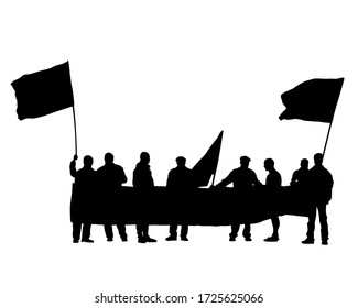 People of with banner and flags. Isolated silhouettes of people on a white background