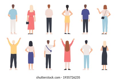 People from behind. Adult man and woman back view standing poses. Happy person with hands up and waving. Rear human in clothes  set