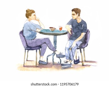 People In Cafe .  City, Relationship, Family. Watercolor Sketch. 