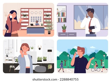 People call and talk mobile phone set illustration. Cartoon business person calling from office, woman talking cellphone at home, student walking during conversation, girl in hotel reception - Powered by Shutterstock