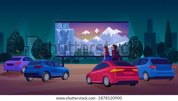 People in car cinema concept illustration.\
Cartoon couple driver characters sitting, watching movie at big\
screen of open air cinema theater, outdoor festival car film party\
at night\
background