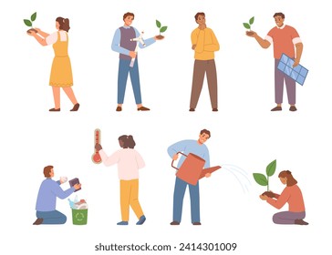 People caring for the planet, isolated ecologically aware characters. Growing plants and sprouts, using renewable sources of energy. in flat style - Powered by Shutterstock