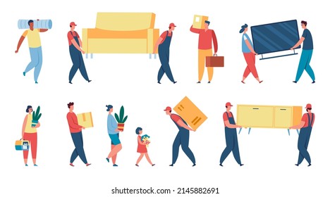 People Carrying Boxes And Things, Loaders In Uniform Moving Furniture. Delivery Worker With Package, Character Holding Cardboard Box  Set. Woman, Man And Child Carrying Plants, Toys An Tv