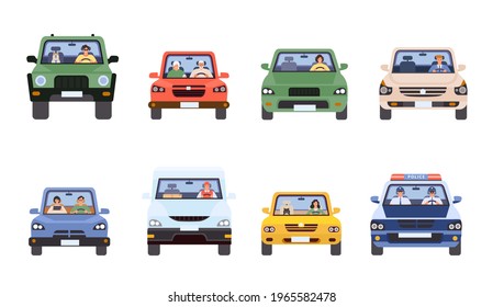 People In Cars Front View. Man And Woman Driving, Delivery Service, Police In Car And Old Couple. Drivers In Flat Minimal Style  Set. Illustration Car Drive, Travel Transportation Automobile