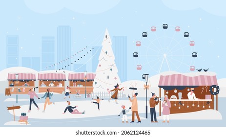 People celebrate Christmas winter festive season in xmas market fair illustration. Cartoon man woman characters have fun, skating, walking around Christmas tree, drinking hot drinks background - Powered by Shutterstock