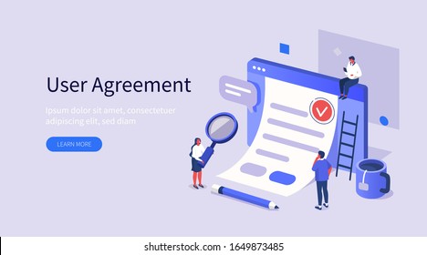 People Character Inspecting Contract Document, Reading Privacy Policy and Terms and Conditions. Businessman Signing Contract. User Agreement Concept. Flat Isometric Illustration. 