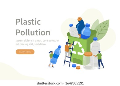 People Characters collecting Plastic Trash into Recycling Garbage Bin. Woman and Man taking out the Garbage. Plastic Pollution Problem Concept. Flat Isometric Illustration.