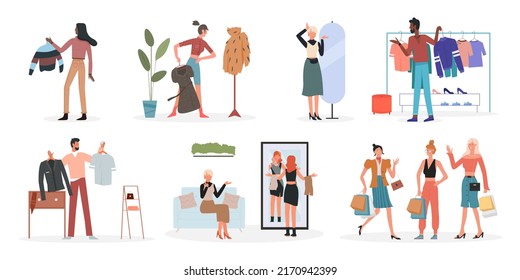 People Choose Fashionable Clothes At Home, Fashion Shop Illustration Set. Cartoon Man Woman Characters Holding Clothes Hanger, Choosing What To Wear, Girls With Shopping Bags Isolated On White