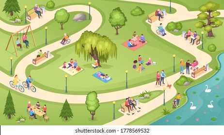 People In City Park, Family Rest, Summer Picnic And Leisure Activity, Isometric Background. People In Public Park, Sitting On Bench, Reading Books Under Tree, Walking And Feeding Swans In Pond