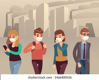 People City Smog. Man Woman Protective Face Masks Industrial Smog Dust Pollution Toxic Air Harmful Environmental, Masked Person Flat Concept