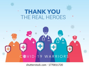 People Clapping And Appreciating Doctors. Corona Covid 19 Warriors, Real Heroes. Thank You Doctors. Front Line Worker, Helpers, Life Savior, Polish, Nurse And Medical Team Vector File