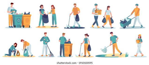 People clean up garbage. Volunteers gathering trash recycle. Characters cleaning environment litter. Waste collectors  set. People collect trash and rubbish, cleaning environmental illustration - Powered by Shutterstock