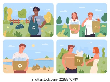 People clean nature, collect trash illustration. Cartoon group of young volunteers holding boxes and bags with garbage, teens sorting plastic bottles and paper waste. Eco pollution concept - Powered by Shutterstock