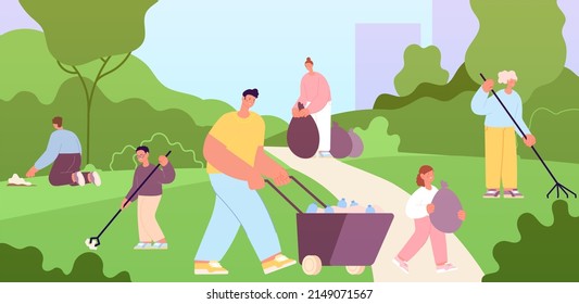 People Cleaning Park. Clean Environment, Help Nature Together. Eco Volunteers, Family With Bags Collect Garbage And Waste Utter Concept