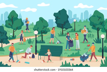 People cleaning park. Community team collecting rubbish from nature.  ecology volunteers protect environment from pollution. Ecology concept, rubbish and garbage collected volunteer illustration - Powered by Shutterstock