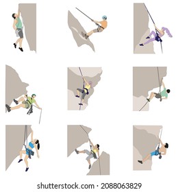 People climbing on rock. Mountain climb rock. Climber hang on cliff, man rise challenge. Extreme sport and activity, human tenacity on rock wall. illustration
