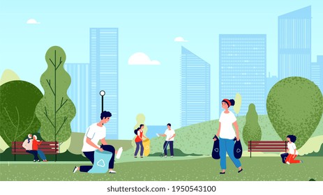 People collecting garbage in city park. Volunteers cleaning environment nature. Ecology and clean planet illustration - Powered by Shutterstock