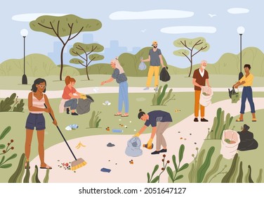 People collecting garbage in city park. Men and women volunteers cleaning park together from trash and plastic waste flat  illustration. Activists team gathering litter into bags - Powered by Shutterstock