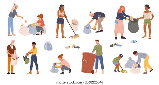 People collecting garbage into trash bags and containers. Men and women volunteers picking up trash, reducing environmental pollution  set. Community protecting and cleaning ecology - Powered by Shutterstock