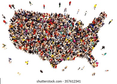 People Coming To America Concept. Large Group Of People Forming The United States Of America. Immigration, Travel, Visiting, Refugee, Integration Concept. 