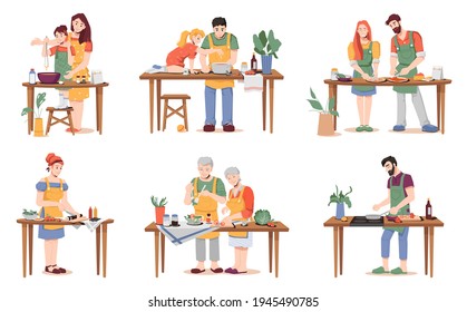 People cook different dishes at table isolated. parents mum and dad teaching daughter and son to cook dinner, elderly couple prepare salad, woman makes sushi, man cooking eggs on breakfast - Powered by Shutterstock