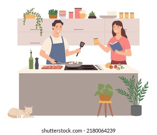 People cooking at home, happy couple at kitchen.  home kitchen cooking, man and woman together preparation breakfast illustration - Powered by Shutterstock