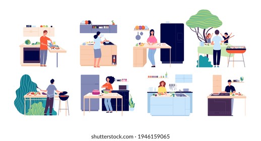 People cooking. Woman preparing salad, kitchen and outdoor eating. Men women dining, eat food and bake. Happy culinary illustration - Powered by Shutterstock