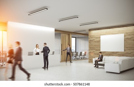 People in corridor of office with reception counter and meeting room with glass doors. Concept of comfortable workspace. 3d rendering. Mock up. Toned image. 