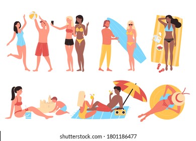 People couples performing summer vacation outdoor activities at sand beach set isolated white background. Man and woman making selfies, relaxing, sunbathing and walking, carrying surfboard, playing. - Powered by Shutterstock