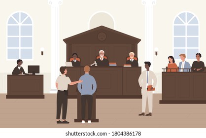 People in Court illustration. Cartoon flat advocate barrister and accused character standing in front of judge and jury on legal defence process or court tribunal, courtroom interior background