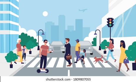 People crossing road illustration. Cartoon flat pedestrian character walking on zebra roadway crosswalk at traffic light, businessman, segway driver, mother and kid cross city street background - Powered by Shutterstock