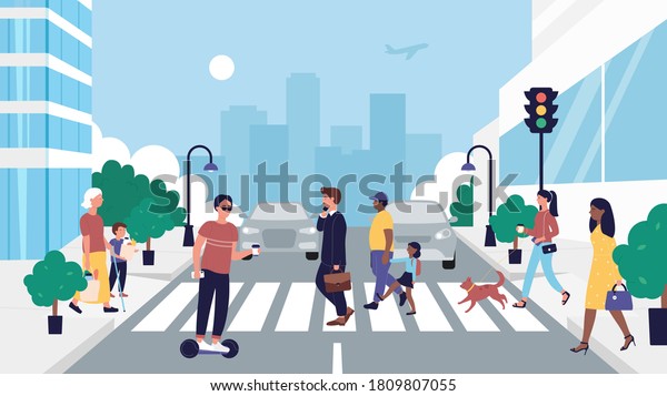 道路を渡る人のイラスト ゼブラ車道の横断歩道 を歩く漫画の平らな歩行者のキャラクター 信号 ビジネスマン セグウェイドライバー 母子交差都市の通りの背景に のイラスト素材