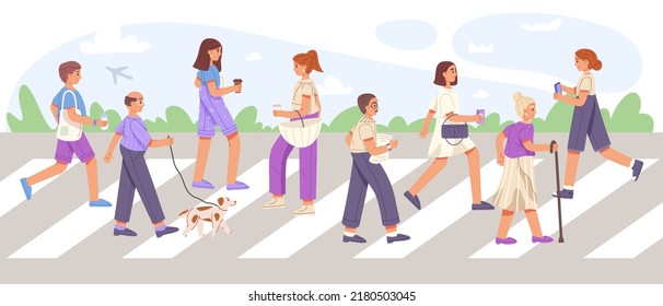 People crossing street, pedestrian crosswalk city traffic walk. Street walk, pedestrian busy crosswalk symbols illustrations. Pedestrian crowd sidewalk - Powered by Shutterstock