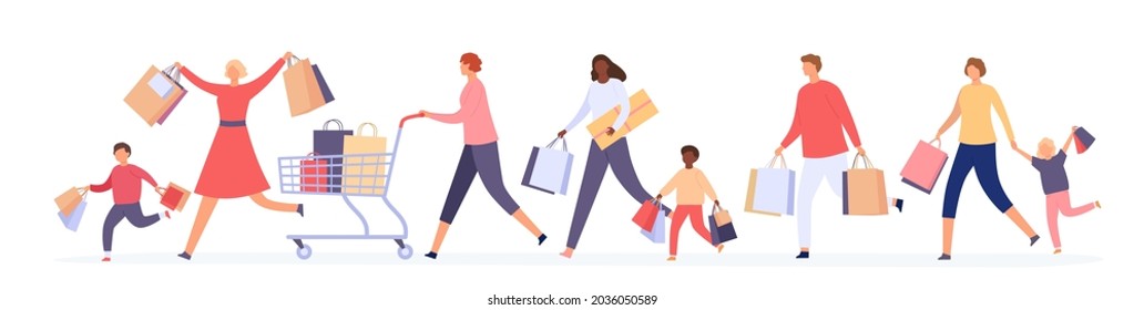 People Crowd Running For Sale. Women And Men Customers With Shopping Bags Race For Big Discount. Black Friday Crazy Shoppers  Concept. Illustration Run For Shopping Discount In Retail