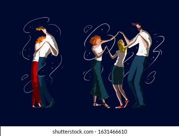 People Dance Under The Stars. A Couple And A Group Of Three.