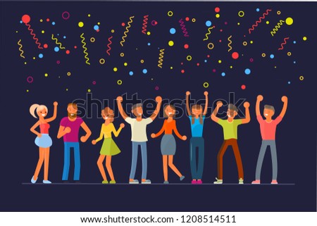 People dancing in flat design. Young happy men and women move to the music. Rastered copy