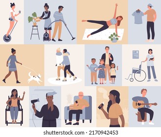 People In Day Routine, Daily Activity Illustration Set. Cartoon Active Man Woman Couple Character Ice Skating In Winter, Play Guitar, Walk Dog Or Do Yoga, Disabled Girl In Wheelchair Background