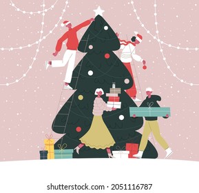 People decorate Christmas tree. Happy friends decorating Christmas fir tree together cartoon  illustration. Xmas winter holiday preparation. Decoration christmas tree to holiday celebration - Powered by Shutterstock