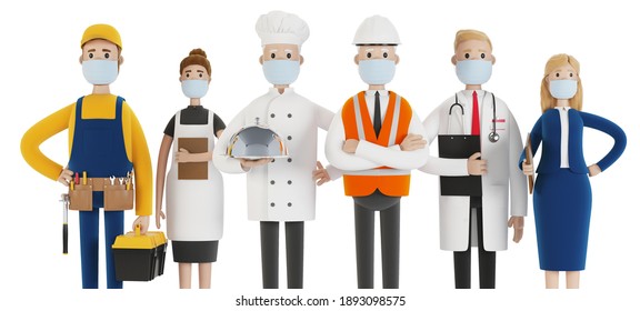 People Of Different Professions In Medical Masks. Builder, Female Waiter, Cook, Engineer, Doctor And Teacher. Labor Day. 3D Illustration In Cartoon Style.