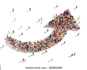 People With Direction. Large Group Of People In The Shape Of An Arrow Pointing Up Symbolizing Direction , Progress Or Growth. 