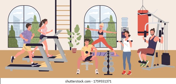 People doing cardio exercises, weight lifting and yoga in gym illustration. Men and women performing fitness exercises in exercise class. Wellness, sport activities, healthy lifestyle