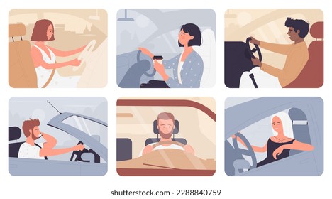 People driving car set illustration. Cartoon young man woman characters wearing seat belt, sitting inside car, drinking coffee and smiling, front or side view. Driving school or course concept - Powered by Shutterstock