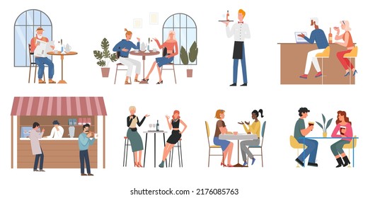 People eat food, drink coffee illustration set. Cartoon couple or friends characters eating together, sitting at restaurant bar cafe, waiter holding tray with wine bottle isolated on white - Powered by Shutterstock