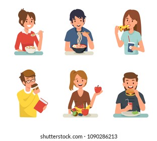 People Eating Different Meals. Flat Style Illustration Isolated On White Background.