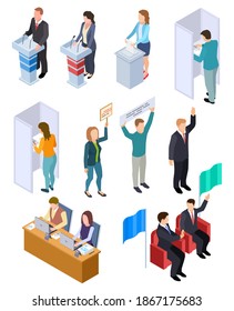 People Election Isometric. Politic Voting Booth Political Debate Voters Debating Candidate Decision Vote Interview Isolated Set