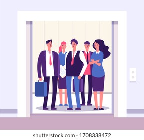 People Elevator. Lift Persons Standing Woman Man Group Inside Elevators Office Interior With Open Door Business Concept