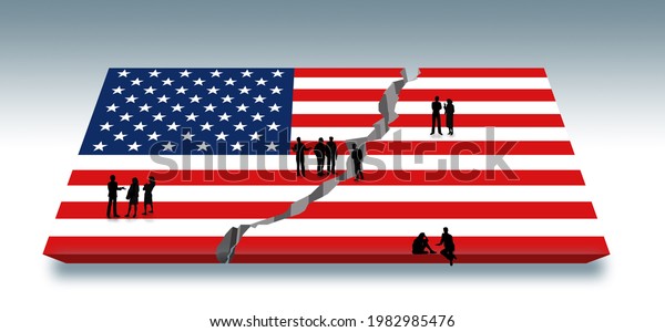 People are engaged in discussions as they\
stand on a USA flag that has been split down the middle by a crack.\
Americans discuss the growing divide in USA politics.This is a 3-d\
illustration.