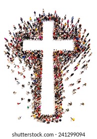 People finding Christianity, religion and faith. Large crowd of people walking to and forming the shape of a cross on a white background with room for text or copy space in the cross.