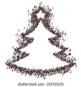 People forming the Christmas tree shape on white background