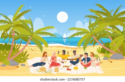 People friends on picnic party, summer tropical sea beach illustration. Cartoon seaside scenery with boy girl characters sitting together, playing guitar, taking selfies, drinking background - Powered by Shutterstock